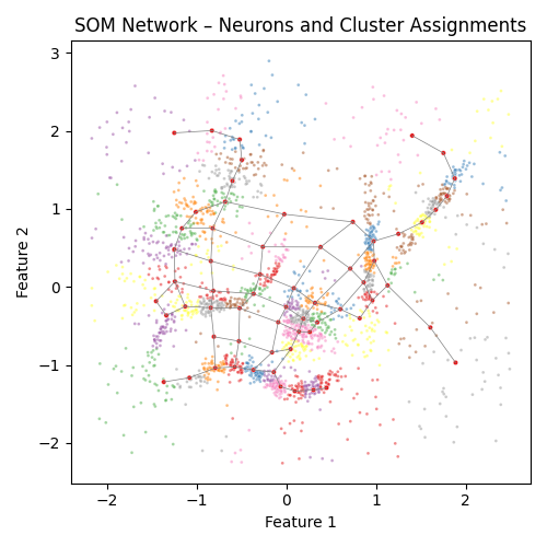 SOM Network – Neurons and Cluster Assignments